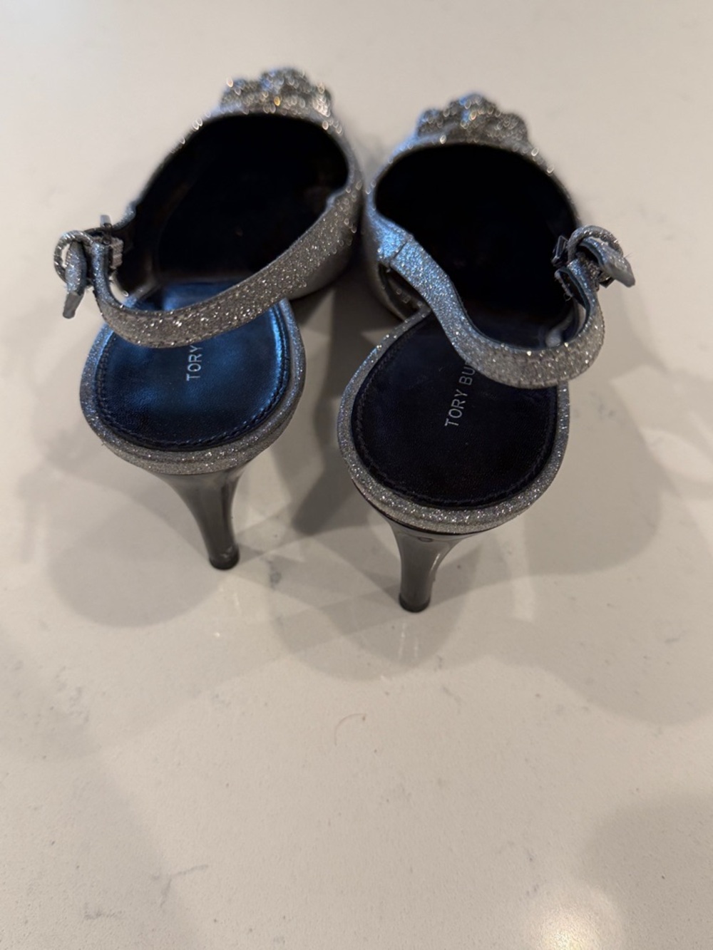 Gently used Tory Burch Silver Glitter Pointed Slingback Heels with Logo 8.5 - Picture 4 of 7